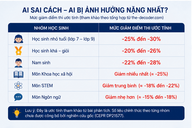 Bảng ước tính mức giảm điểm thi theo nhóm học sinh