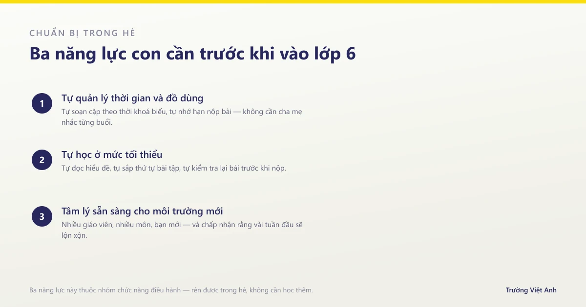 Ba năng lực con cần có trước khi vào lớp 6: tự quản lý, tự học và tâm lý sẵn sàng