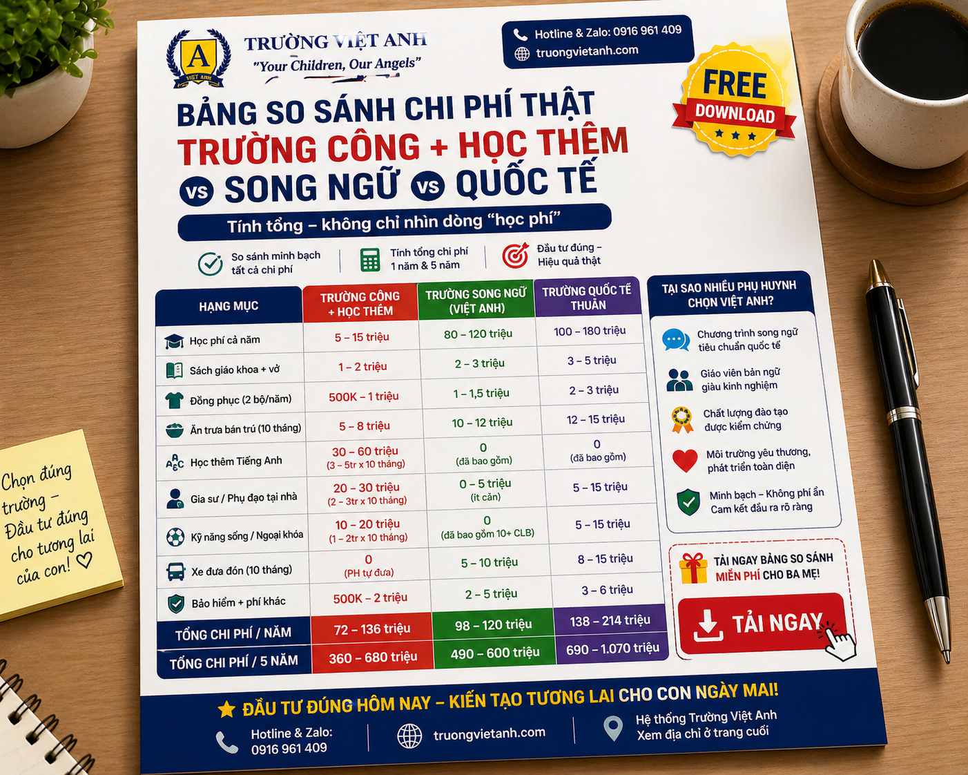 Bảng So Sánh Chi Phí Trường Công vs Song Ngữ vs Quốc Tế 2026